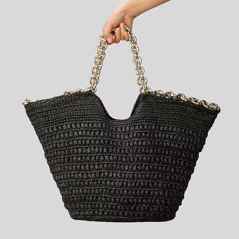 Brand Designer Large Capacity Straw Tote Handmade Paper Rope Woven Shoulder Thick Gold Chain Summer Travel Beach Bag