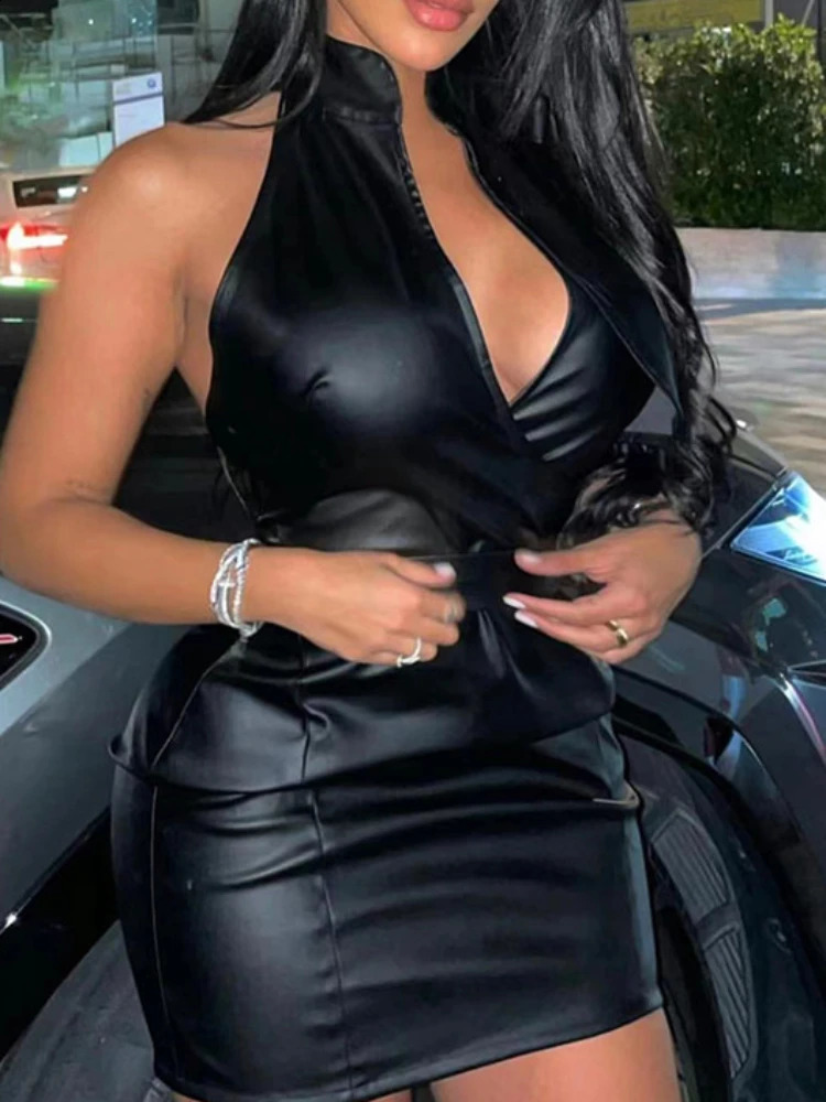 Sexy PU Leather V Neck Low-cut Girdling Waist Slim Bodycon Women Sleeveless Backless Skinny Evening Dress Club Party 250122