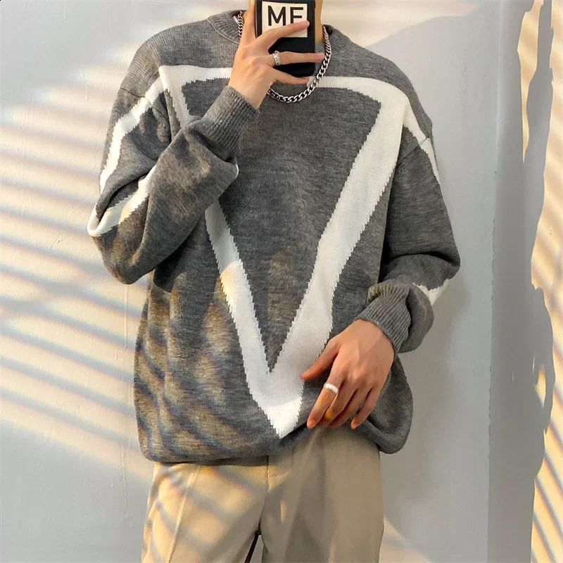 Autumn Winter Sweater Mens Japanese Vintage Color Blocking Trendy Ins Casual Hip Hop Versatile Round Neck Knitted To 250114Z