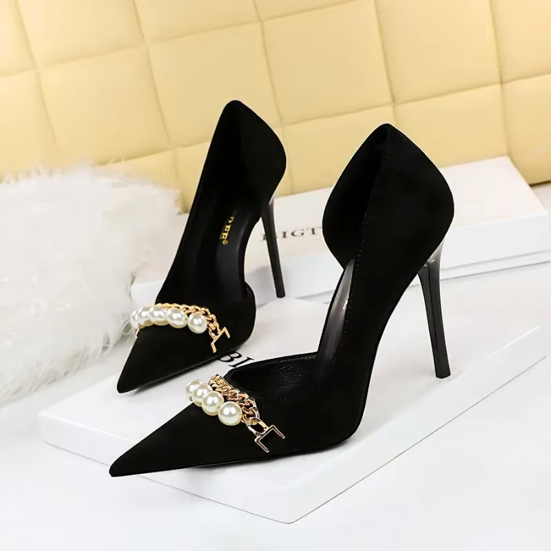 BIGTREE Shoes Elegant Heels ck 11cm Super High Autumn Pearl Metal Chain Pointed Toe Side Hollow Women Pumps