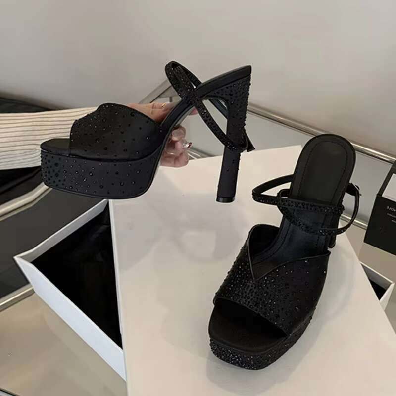 Liyke Fashion Rhie High Heels Women Sexy Sandals Crystal Silk Ankle Strap Female Square Toe Chunky Platform Shoes Black