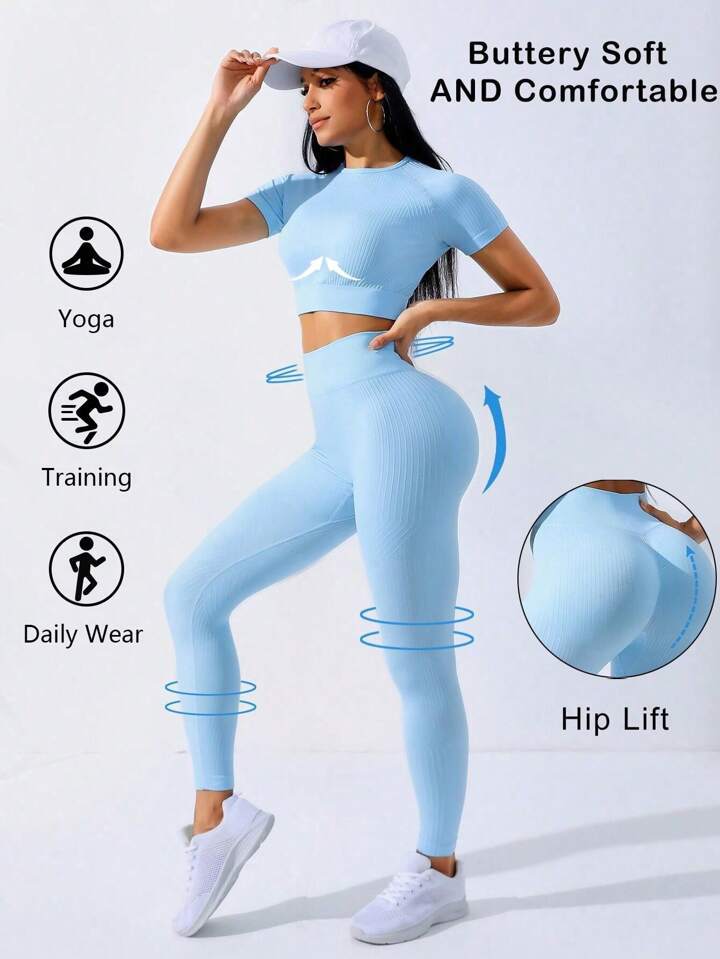 High quality fashionable thread seamless casual yoga set for Western women short sleeved peach hip pants fitness suit training and sports set