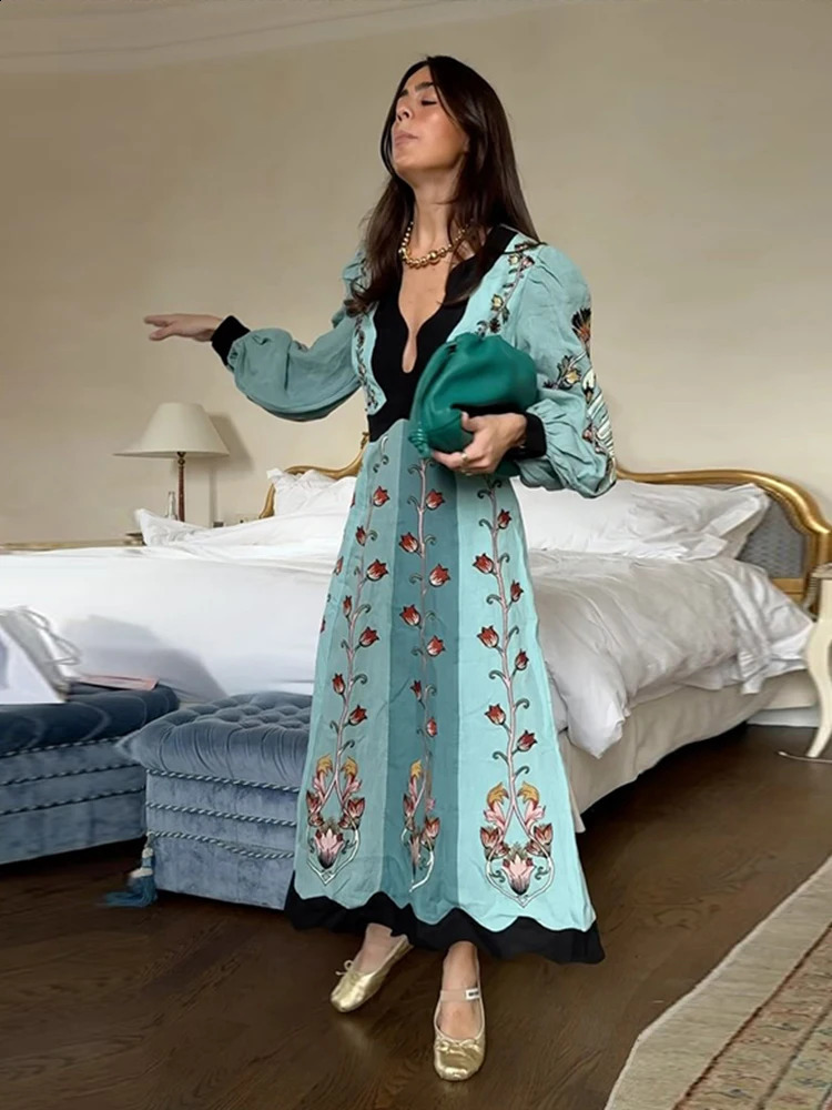 2025 In Patchwork Print Maxi Dress For Women Elegant Long Lantern Sleeve Chic Floral Long Dress Female Beach Party Vestidos 250122