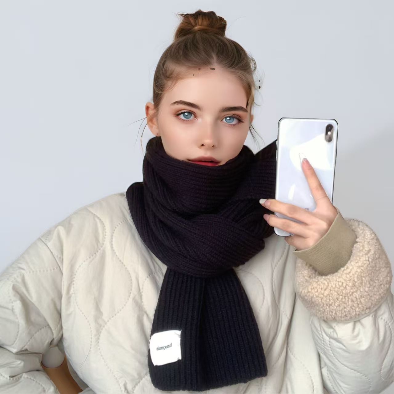 T124 Korean new white pure color knitted scarf winter women's soft atmosphere student wool warm neck scarf