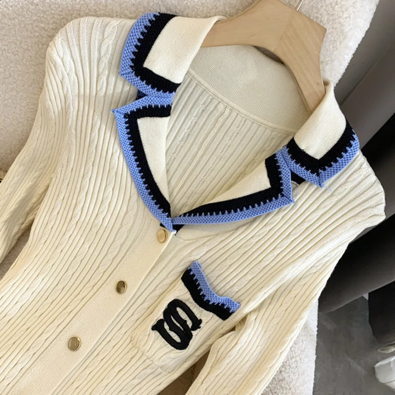 Contrast Knitted Dress Women Elegant Embroidery Lapel Long Sleeve Midi Dresses Autumn Winter Casual Single Breasted Vestido 250122