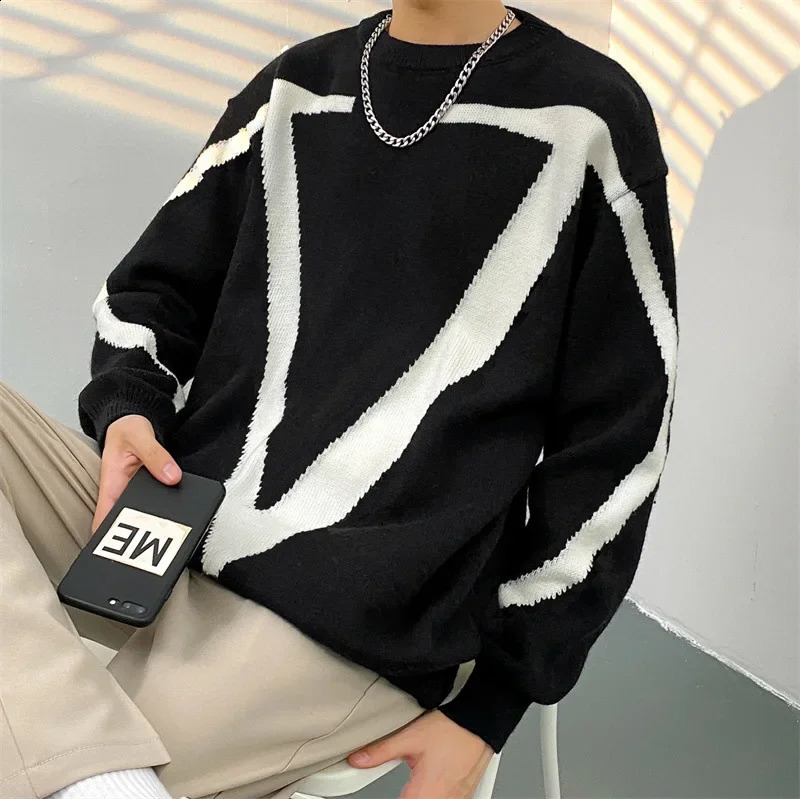 Autumn Winter Sweater Mens Japanese Vintage Color Blocking Trendy Ins Casual Hip Hop Versatile Round Neck Knitted To 250114Z
