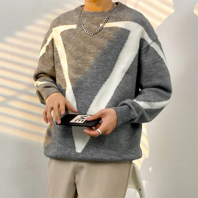 Autumn Winter Sweater Mens Japanese Vintage Color Blocking Trendy Ins Casual Hip Hop Versatile Round Neck Knitted To 250114Z