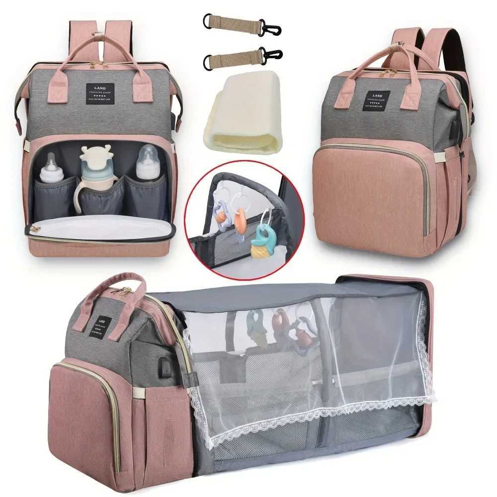 Foldable and Portable Mommy Backpack - with Crib Bed Straps Large Capacity Diaper Bag Maternity Bag for Baby New Baby EquipmentC250326
