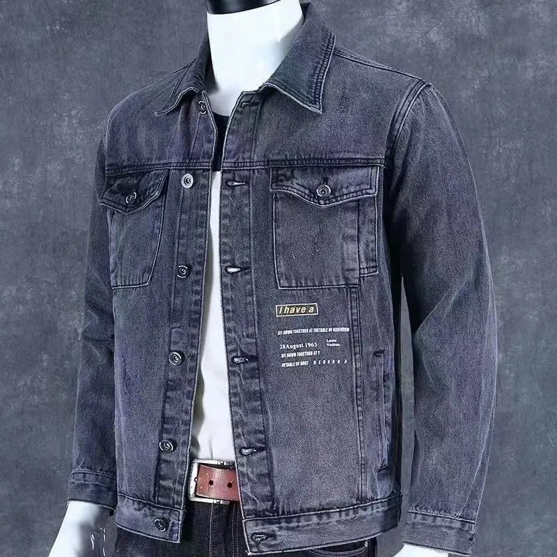 Denim Jackets Man Gray Jeans Coat for Men Wide Shoulders with Print Cargo Original Outwear Loose of Fabric G Joker Y2k 250110Z