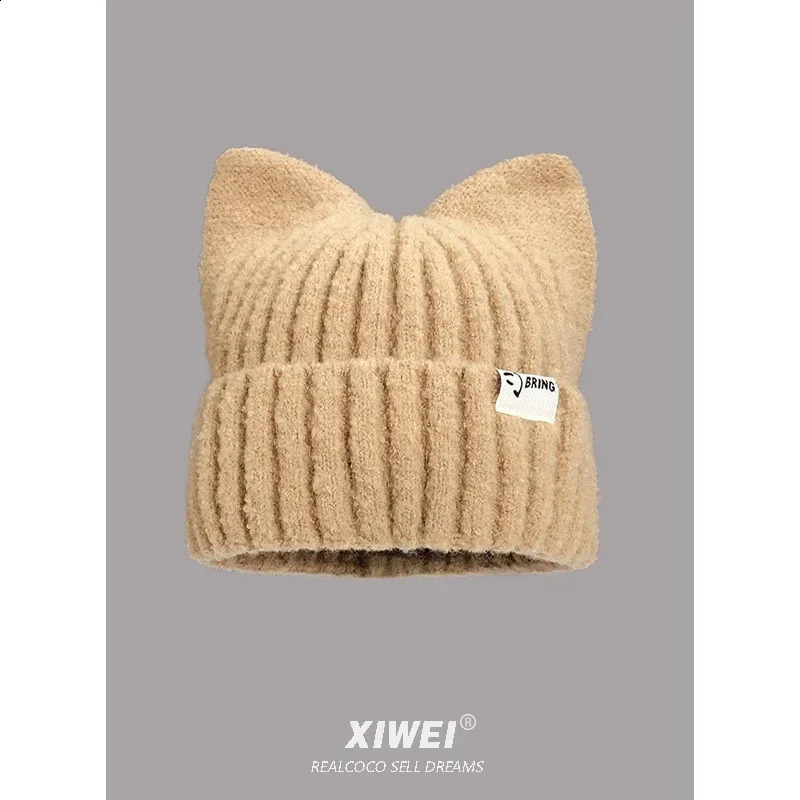 Japanese Y2k cute cat eared bear suitable for warm ear protection in autumn and winter for women sweet Versatile Pullover knitted hat 250109
