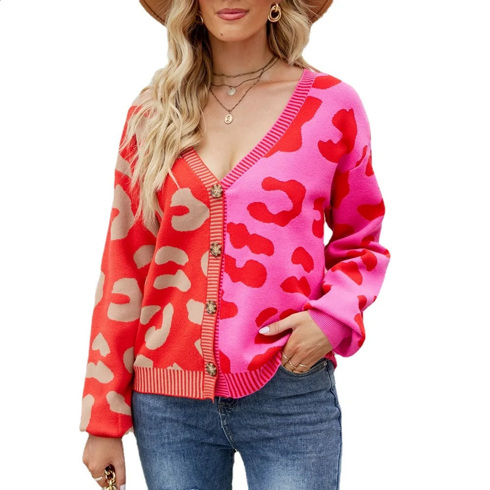 Autumn Winter Womens Sweater Top Color Blocked Leopard Print V-neck Single Breasted Cardigan Sweater Womens Knitted Coat 250118