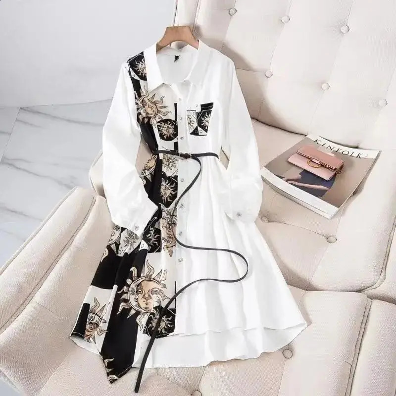 Print Vintage A-Line With Belt Loose Polo Neck Womens Dress Single-Breasted Knee Length Dresses For Women Clothing Fashion 250122