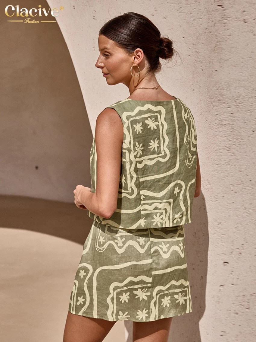 Clacive Sexy Loose Print 2 Piece Sets Women Outfit Summer Sleeveless Tank Top With High Waist Mini Skirts Set Female Streetwear 250113