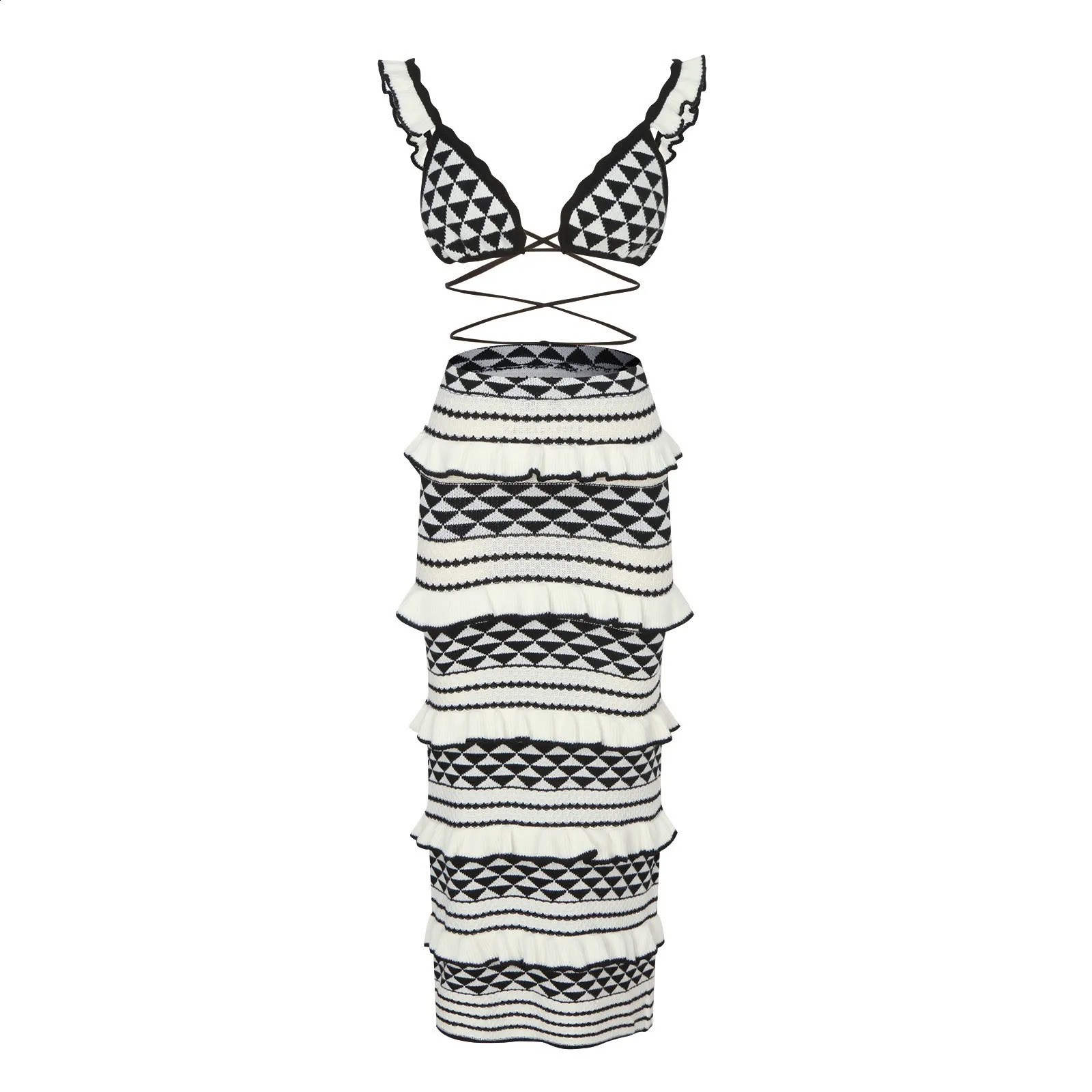 Womens Striped Knitted Beach Skirt Sets Sexy Backless Slim Boho Long Skirt Outfits 2 Piece Set Ruffle Vacation Cropped Top Skirt 250118