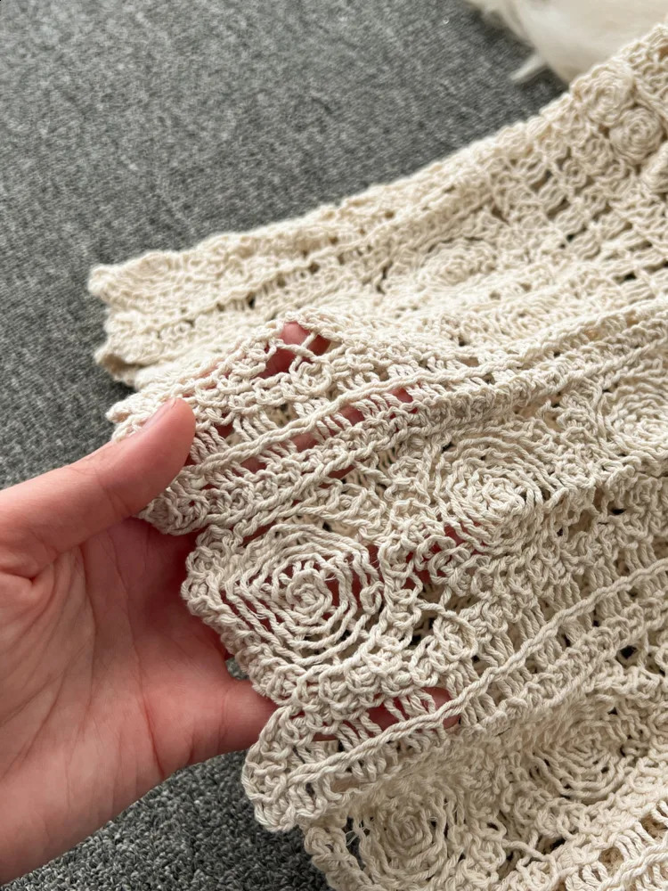 XFPV Womens Bohemian Holiday Style crochet single corset elastic waist hollow outer skirt two-piece set spring 2025 SM10388 250118