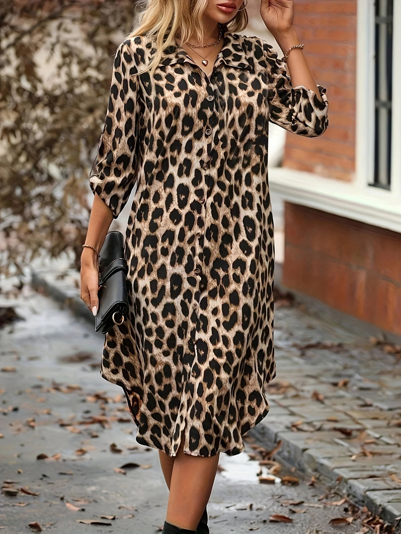 Elegant Womens Summer Leopard Shirt Dress Casual Loose Turn Down Collar Mid Calf Straight Long Dresses 250122