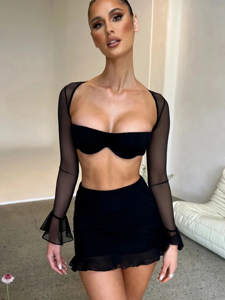 Mozision Mesh Sexy Dress Set Women Strapless Full Sleeve Crop Top And Mini Skirt Matching Sets Female Club Party Two Piece Set 250113