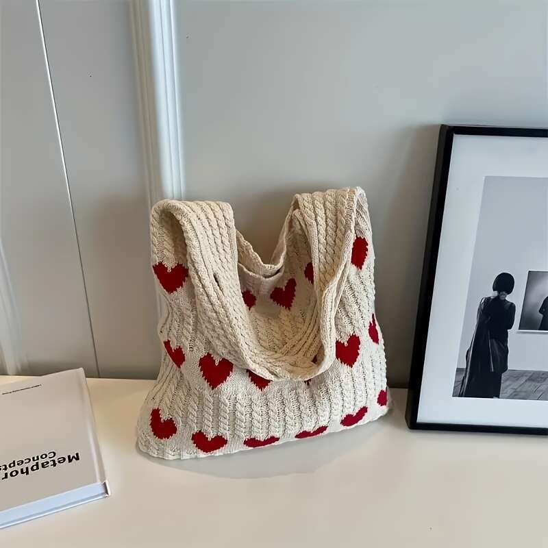 Geometric Love Heart Pattern Crocheted Tote - Durable Casual Shoulder Bag for Women