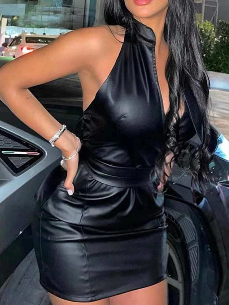 Sexy PU Leather V Neck Low-cut Girdling Waist Slim Bodycon Women Sleeveless Backless Skinny Evening Dress Club Party 250122