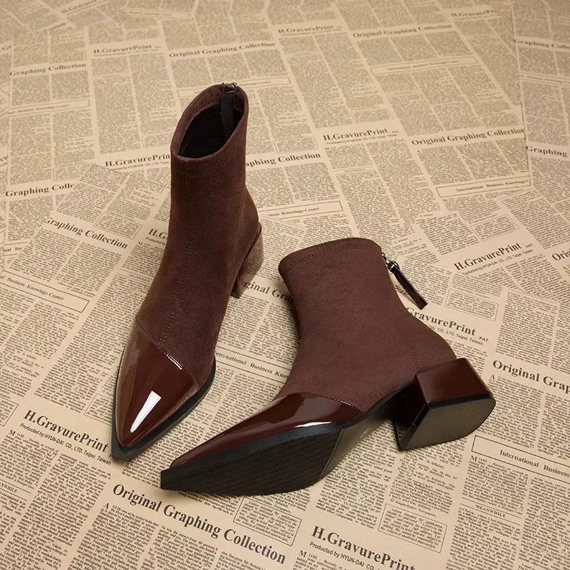 Women Boots Fashion Thick Sole High Heel Pointed Toe Simple Style Suede Triple Black Brown Free shipping