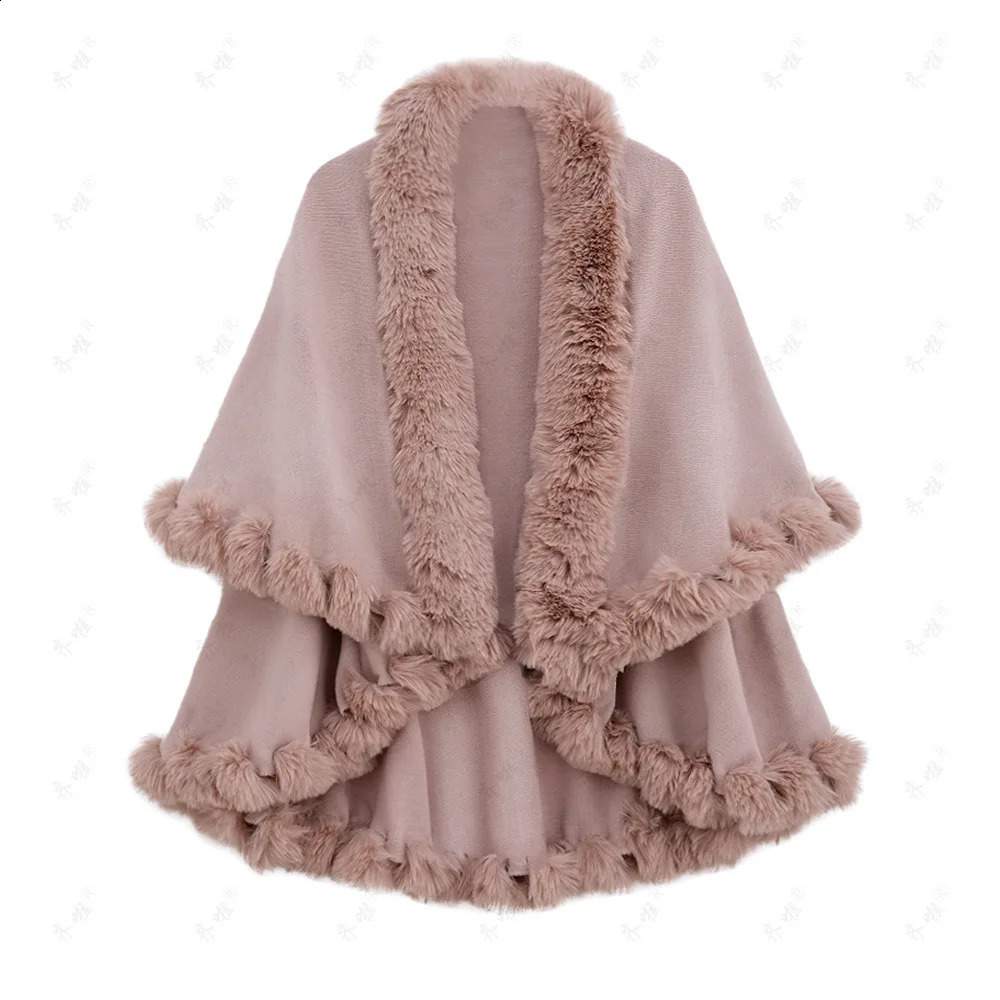 Live Streaming Goods Autumn And Winter Otter Rabbit Fur Collar Double-layer Cashmere Cape Shawl Plus Size Knitted 250121