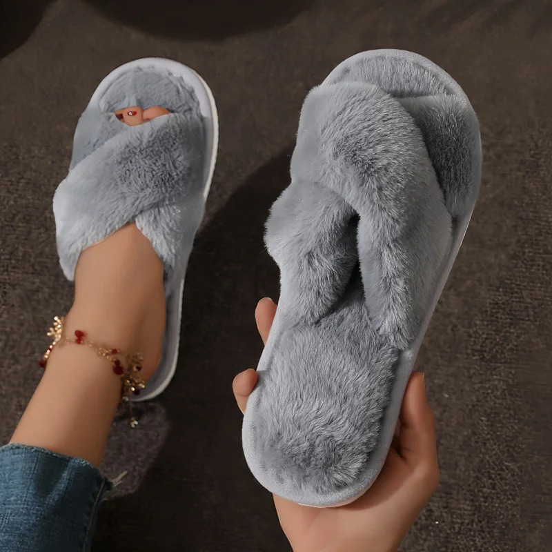 Fashion Cross Strap Fur Slippers Women Indoor Light Warm Plush Home Slippers Woman Faux Fur Flat Heel Couple Slides Plus Size 43 250113