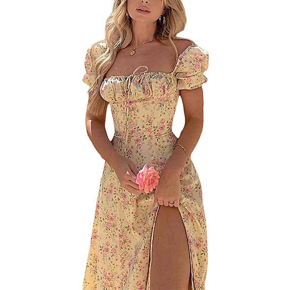 Summer For Women 2024 New Boho Rope Fashion ral Printed Lace Up Chest Female Clothing Elegant Short Sleeve Party Dress R250205