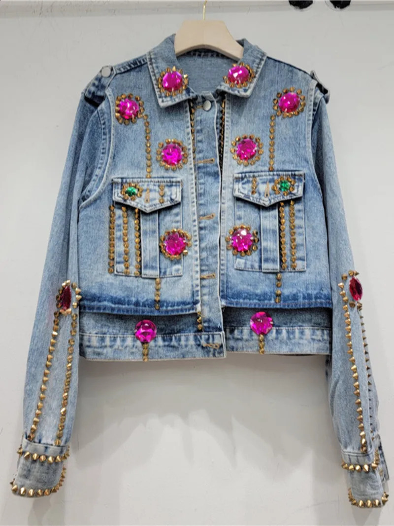 Heavy Handmade n Rhinestone Beaded Slimming All-Matching Short Denim Jacket Women Jean Jacket Trendy Fall Clothes 250121