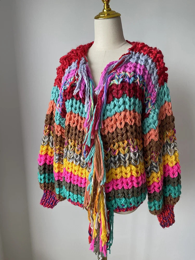 Rainbow colored tassel front thick knitted cardigan winter womens handmade sweater niche knitted set 250118