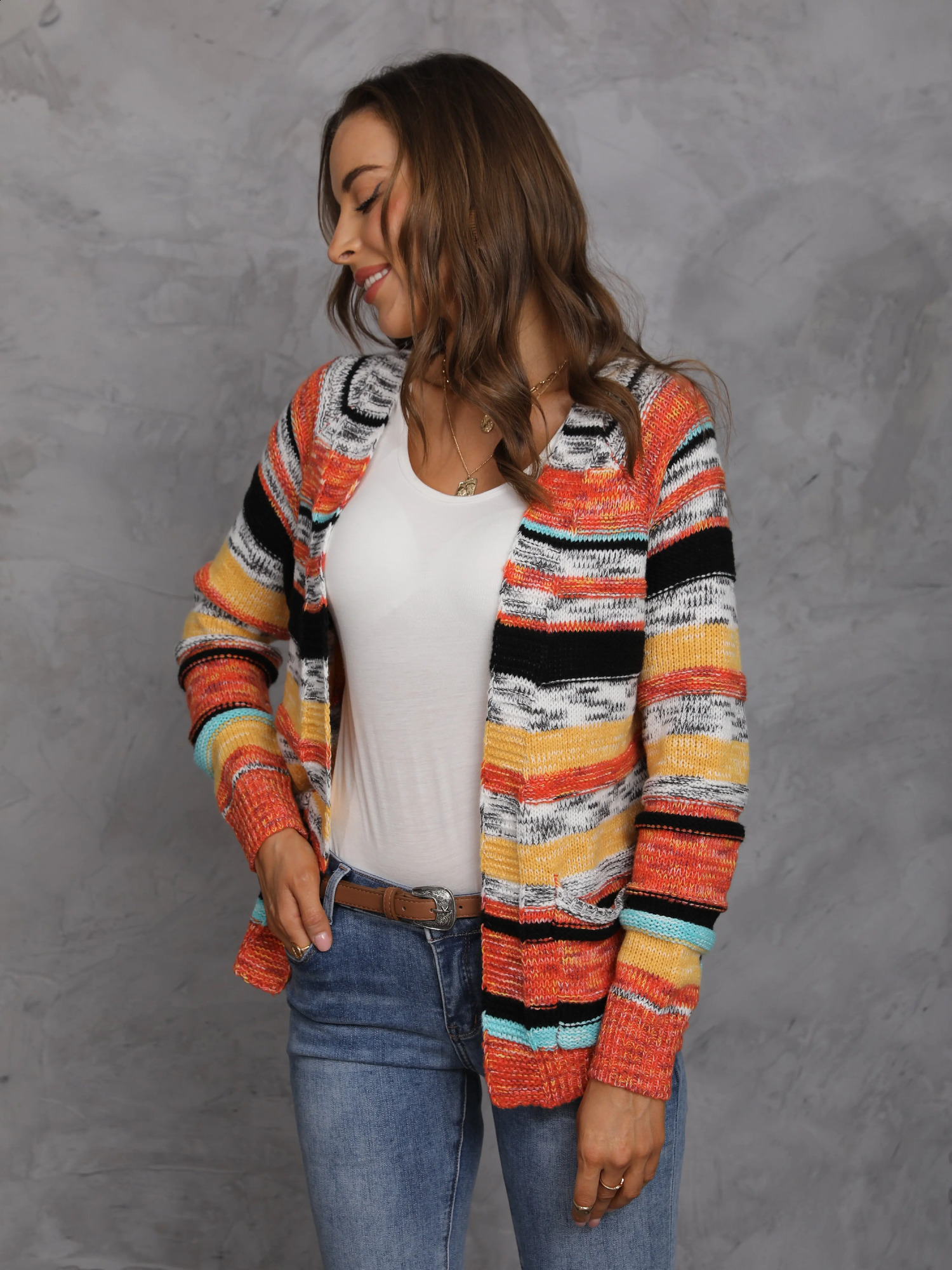 Womens Rainbow Stripes Sweater Knitted Cardigan Korean Casual Coat Spring Autumn Long Sleeve Jacket Shawl Ladies Tops 250118