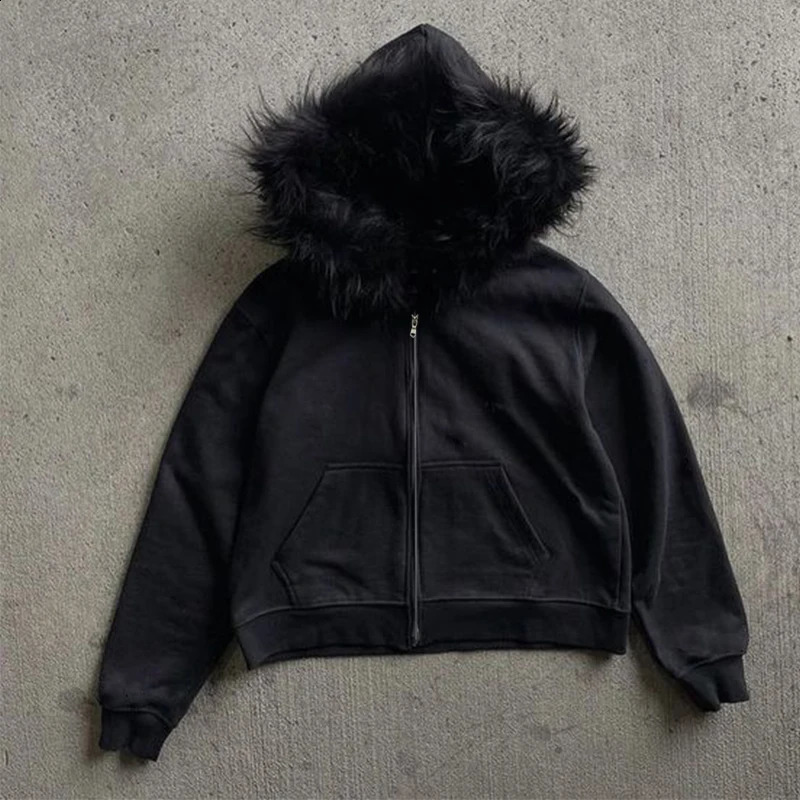 Gothic Harajuku Y2K Womens Men Autumn Winter Fur Collar Hooded Cardigan Casual Solid Color Short Wide Sweater Vintage Streetwear250120