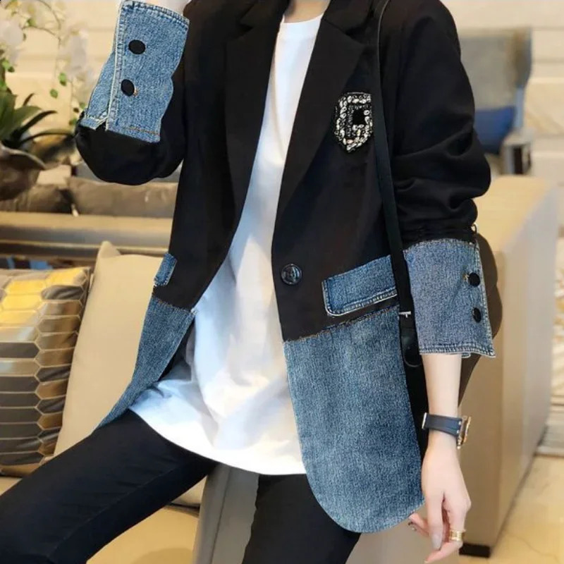 Graphic Female Jeans Coat with Print Sequin Black Patchwork Diamonds Outerwears Long Trench Womens Denim Jackets Spring Autumn 250122