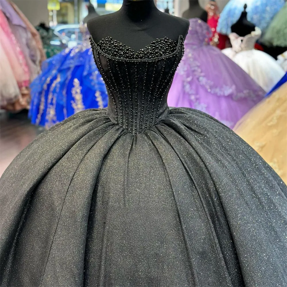 Luxury Black Quinceanera Dresses Glitter Ball Gown Sweetheart Crystal Beads Graduations Dresses Corset Back Dress Sweet 16 Vestido De 15 Anos