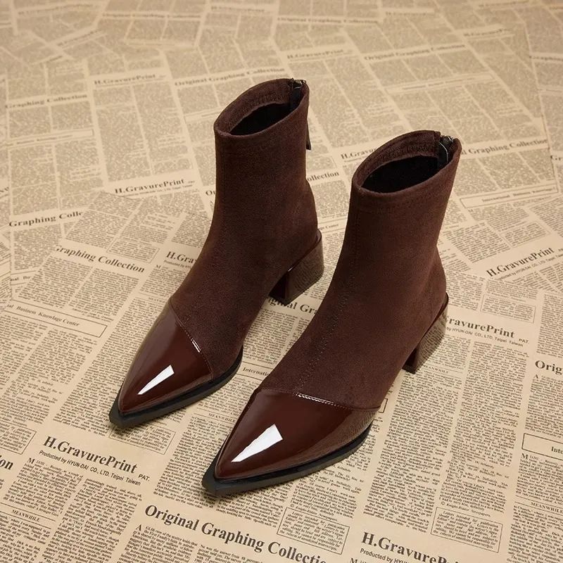 Women Boots Fashion Thick Sole High Heel Pointed Toe Simple Style Suede Triple Black Brown Free shipping