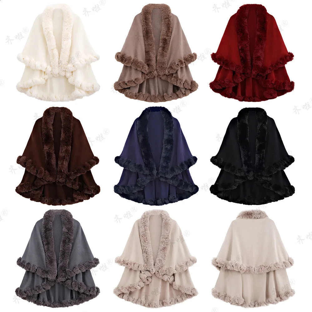 Live Streaming Goods Autumn And Winter Otter Rabbit Fur Collar Double-layer Cashmere Cape Shawl Plus Size Knitted 250121