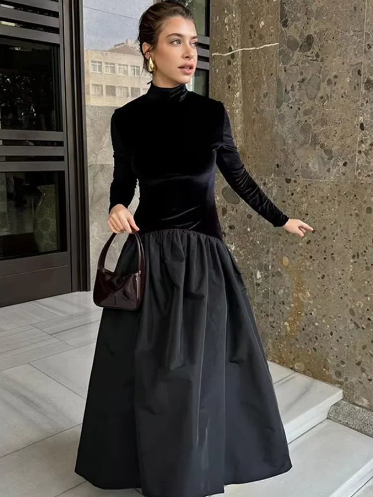 Elegant Women Black Velvet Long Sleeve Pleated Hem Robes Fashion Half High Collar Slim Fit Maxi Dress 2025 Lady Chic Party Gowns 250122