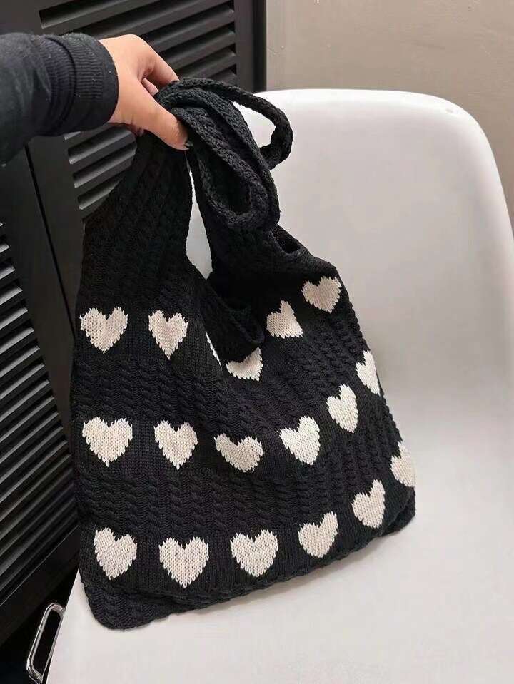 Geometric Love Heart Pattern Crocheted Tote - Durable Casual Shoulder Bag for Women