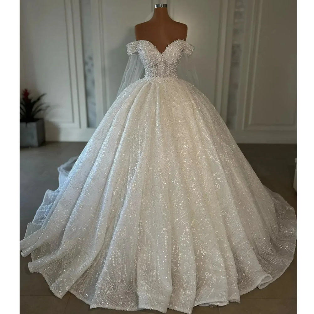 Exquisite Ball Gowns Wedding Dresses Off The Shoulder Princess Pearls Bridal Gown Sweep Train Sequins Custom Made Vestios Novias Robe De Mariage