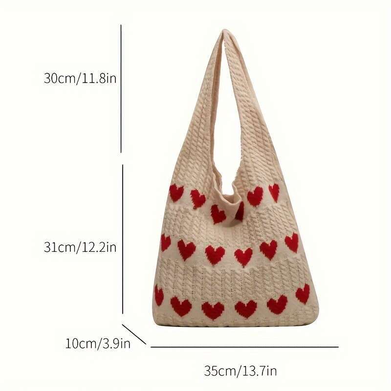 Geometric Love Heart Pattern Crocheted Tote - Durable Casual Shoulder Bag for Women