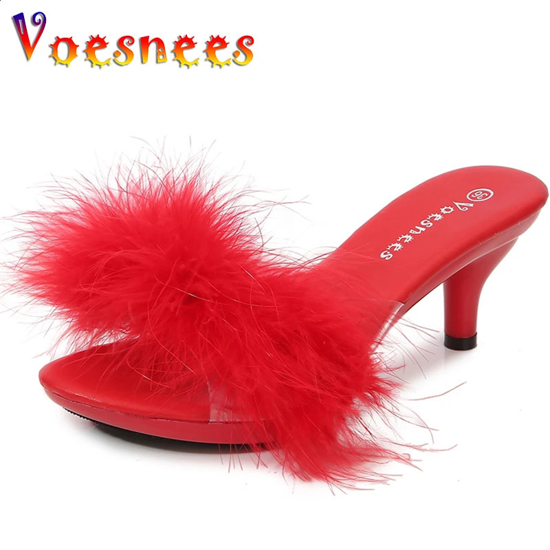 Solid Color Feather Fairy Slippers Summer Transparent Sandals Thin High Heels Sexy Fur Crystal 6cm Low Heel Derss Women Shoes 250209