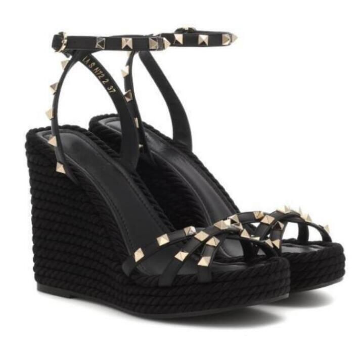 Summer Women Wedge Sandals Shoes spiked High Heels Girls sandal heel denim espadrille wedges calfskin pink black Caged Wedges walking designer shoe double strap