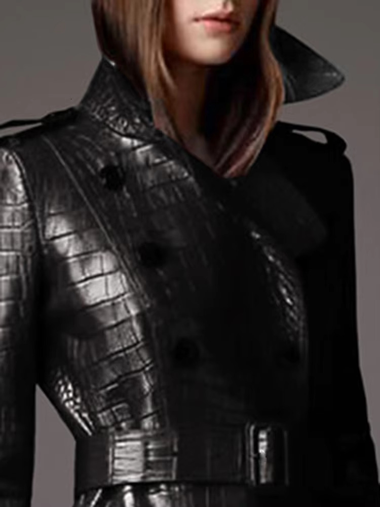 Lautaro Autumn Long Black Crocodile Pattern Pu Leather Trench Coat For Women Belt Double Breasted Stylish British Style Fashion