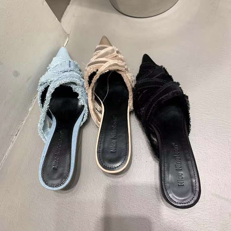 2025 Women Mules Elegant Sandals Pumps Summer Female Shoes Low Heels New In Fashion Ladies Sandal Pointed Toe Slides Footwear
