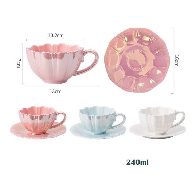 240ml Pearl White Blue Flower Petal Coffee Cups and Saucers Ceramic Pretty Tea Cup With Saucer Set Z250205