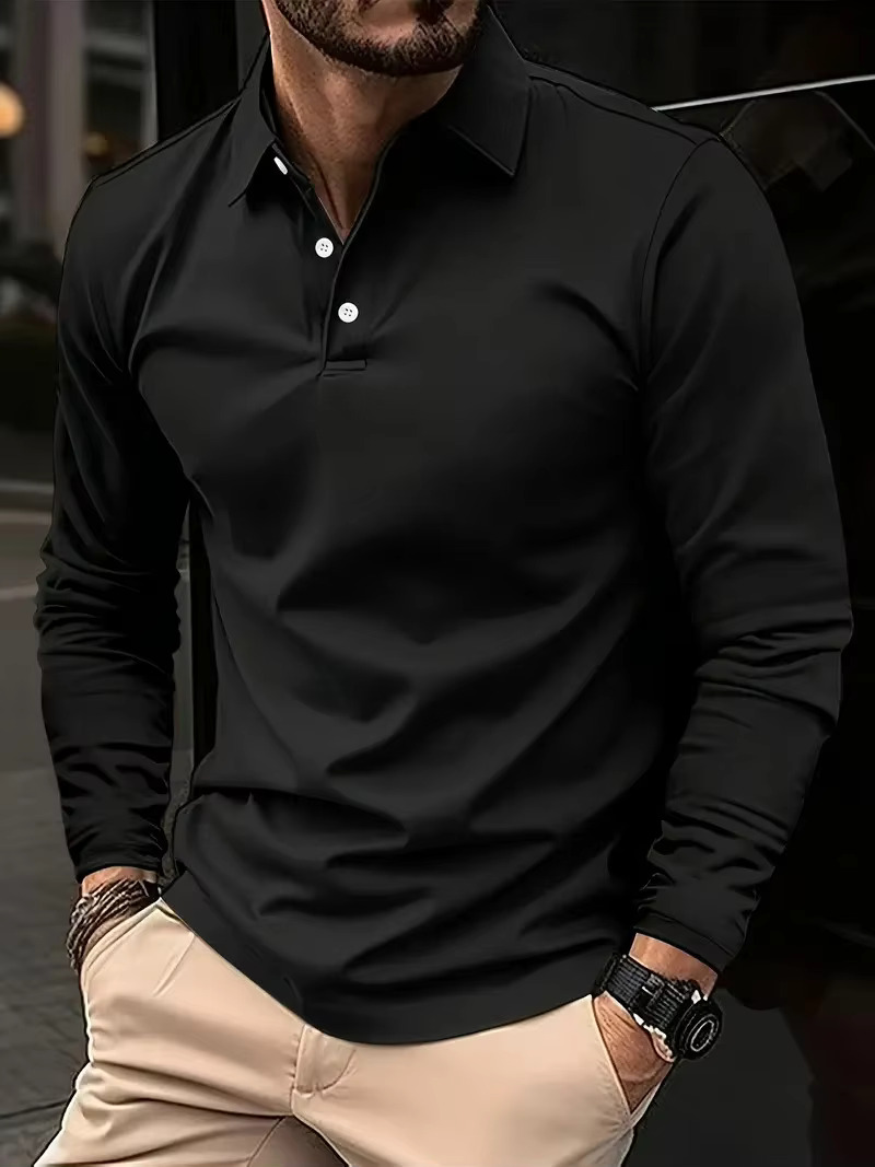 Spring And Autumn Men's Street Fashion Designer T-shirt With Collar Buttons Solid Color T-shirt High-end Casual And Comfortable Sports Long Sleev