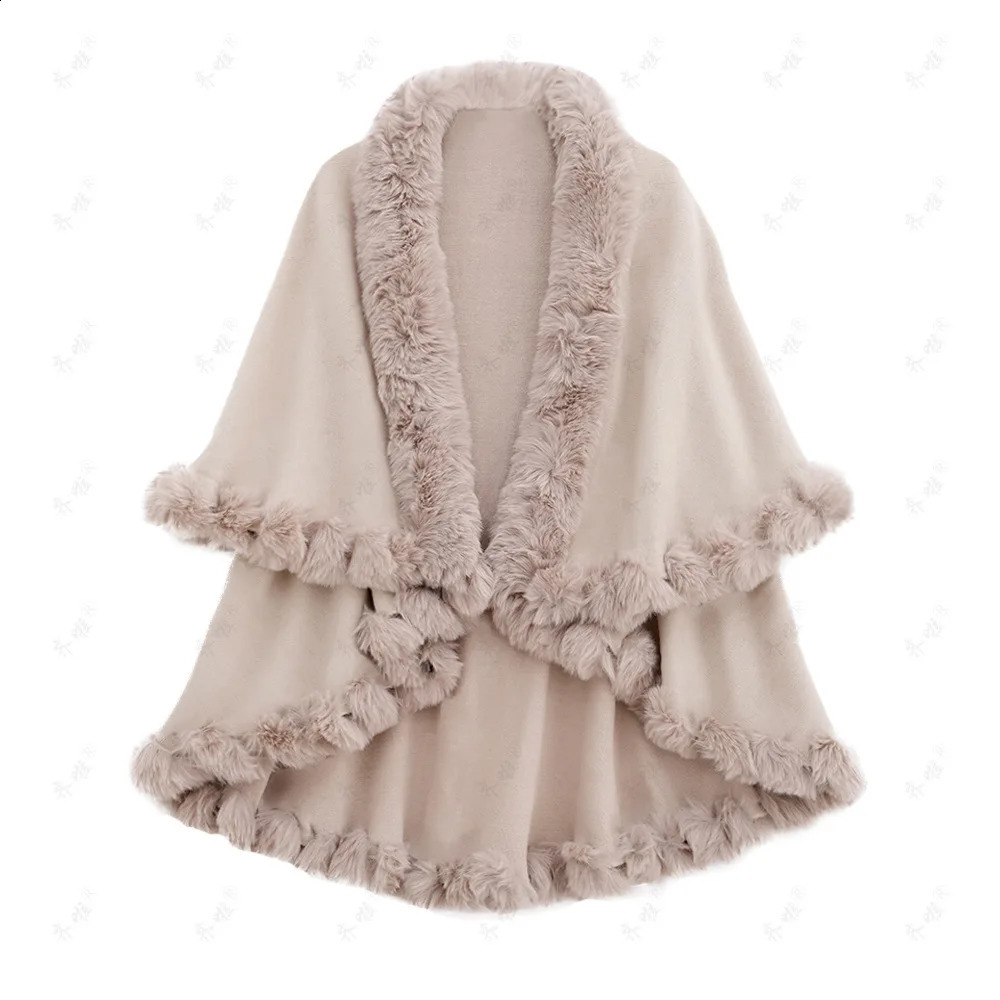 Live Streaming Goods Autumn And Winter Otter Rabbit Fur Collar Double-layer Cashmere Cape Shawl Plus Size Knitted 250121