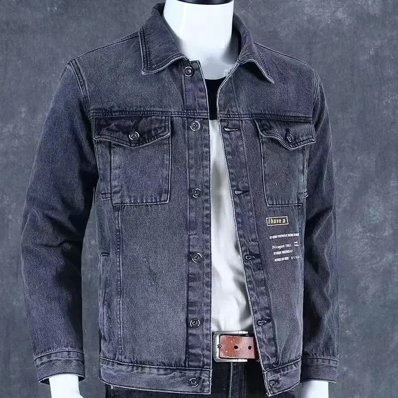 Denim Jackets Man Gray Jeans Coat for Men Wide Shoulders with Print Cargo Original Outwear Loose of Fabric G Joker Y2k 250110Z
