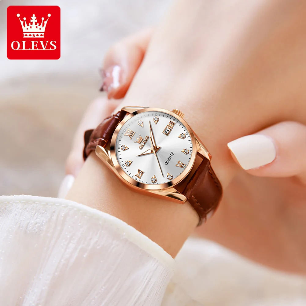OLEVS Classics Leather Strap Quartz Watch for Women Fashion Elegant Diamond Ladies Watch Waterproof Date Womens Quartz Watch 250121
