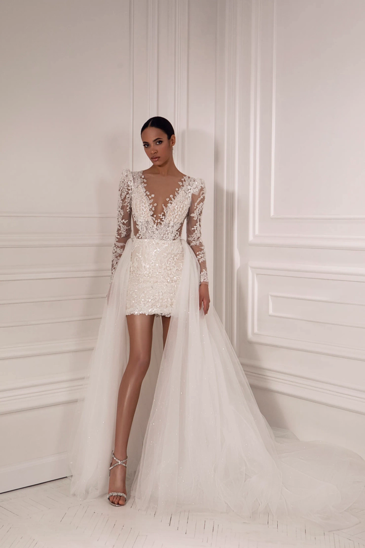 Illusion Lace Sheath Dresses With Detachable Train Sheer Crew Neck Arabic Short Beach Bohemian Tulle Long Sleeves Wedding Gowns