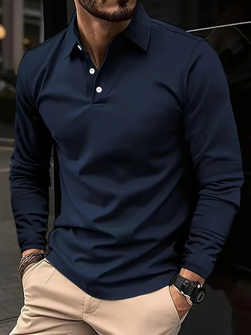 Spring And Autumn Men's Street Fashion Designer T-shirt With Collar Buttons Solid Color T-shirt High-end Casual And Comfortable Sports Long Sleev